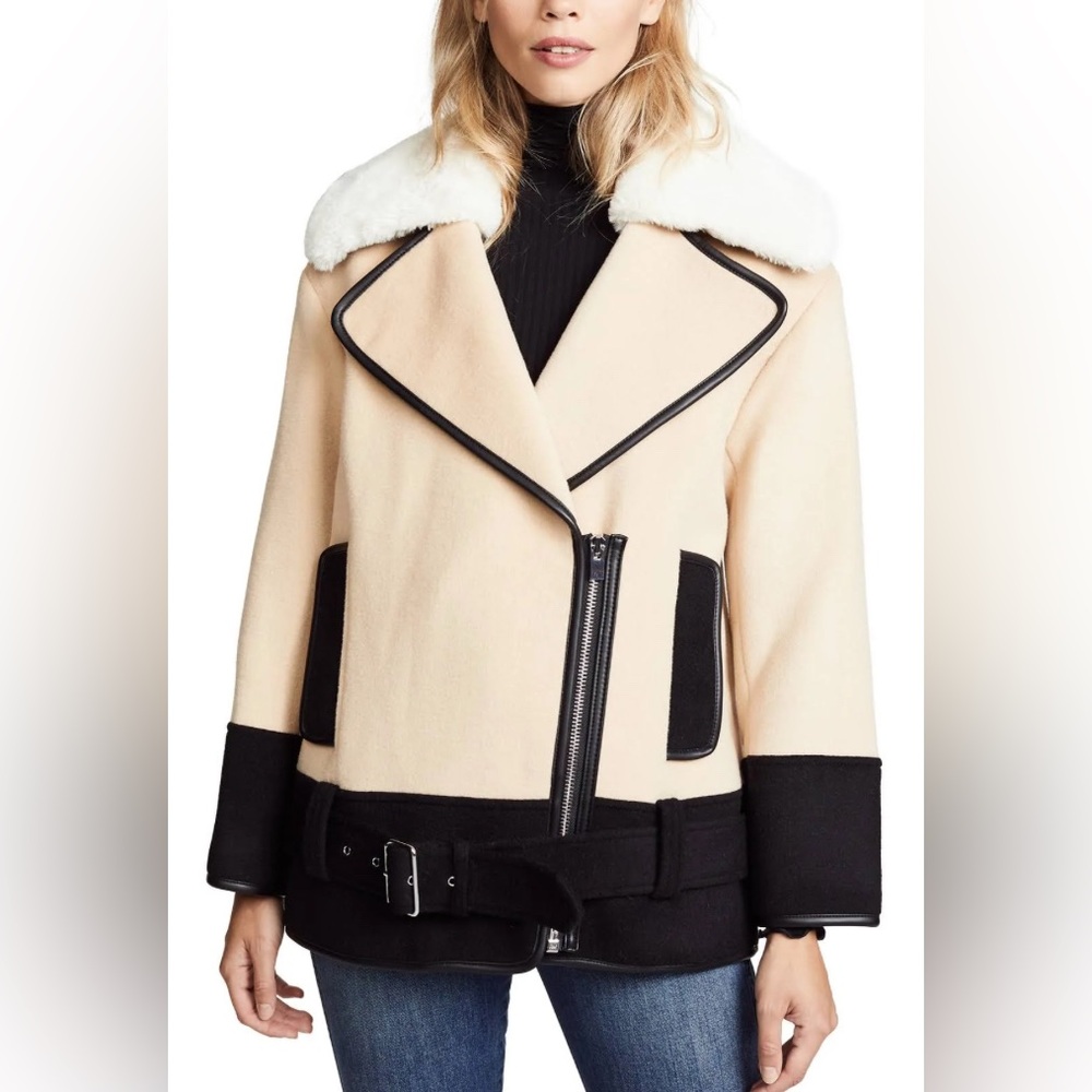 NWOT CLUB MONACO Rismah Wool Blend Faux Fur Collar Belted Coat Women’s small